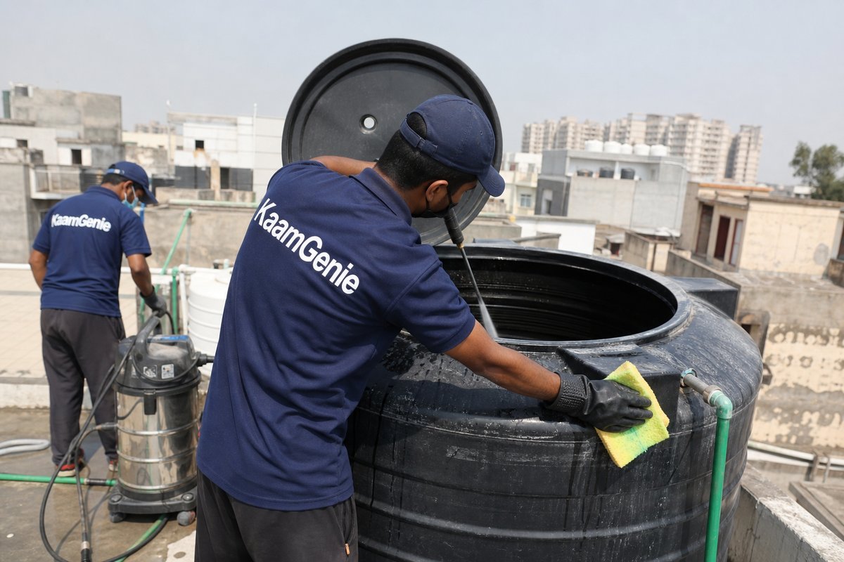 KaamGenie crew cleaning a Sintex / plastic tank in Mohammadpur, Delhi