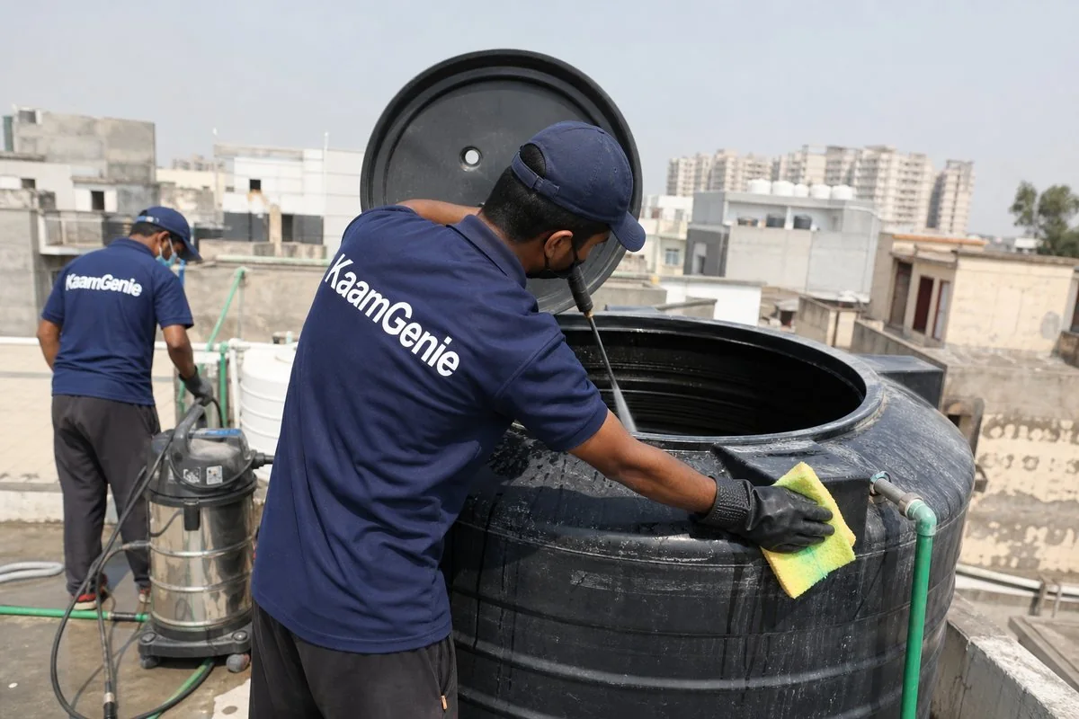 KaamGenie crew cleaning a Sintex / plastic tank in Mohammadpur, Delhi