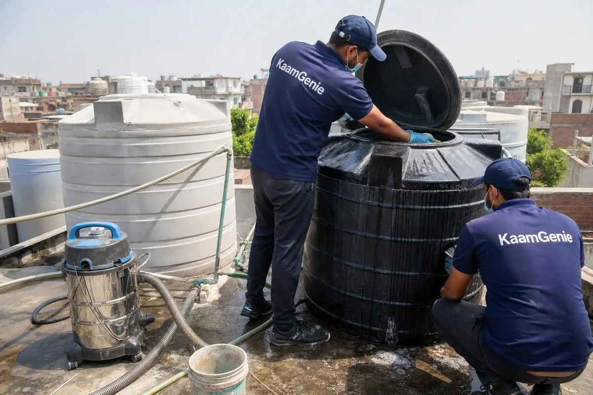 KaamGenie crew cleaning a Sintex / plastic tank in Mohan Garden, Delhi