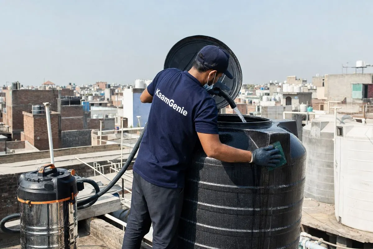 KaamGenie crew cleaning a Sintex / plastic tank in Molarband, Delhi