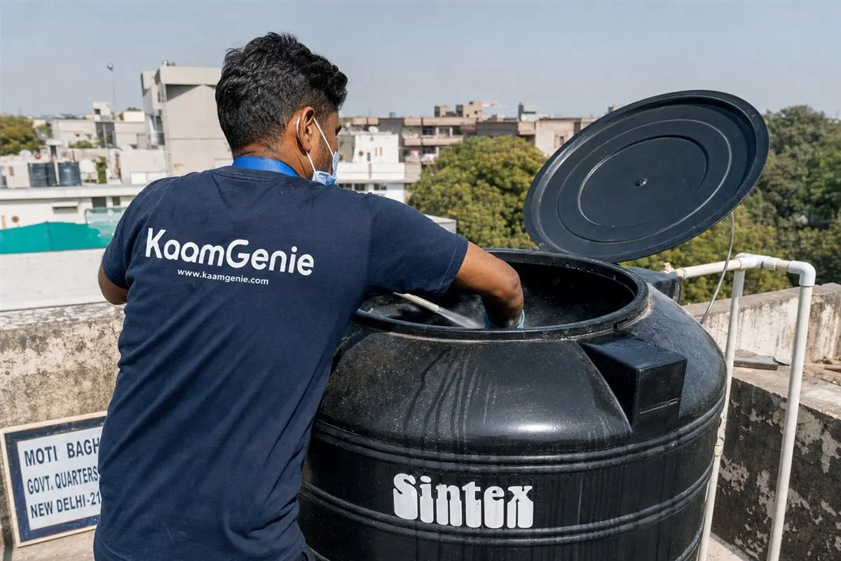 KaamGenie crew cleaning a Sintex / plastic tank in Moti Bagh, Delhi