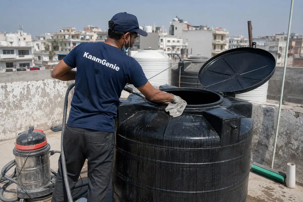 KaamGenie crew cleaning a Sintex / plastic tank in Mukundpur, Delhi