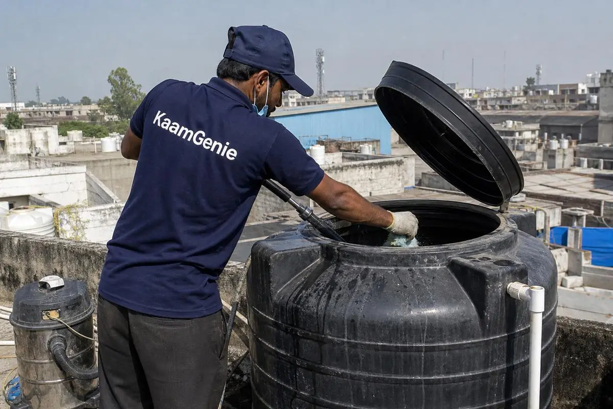 KaamGenie crew cleaning a Sintex / plastic tank in Mundka, Delhi