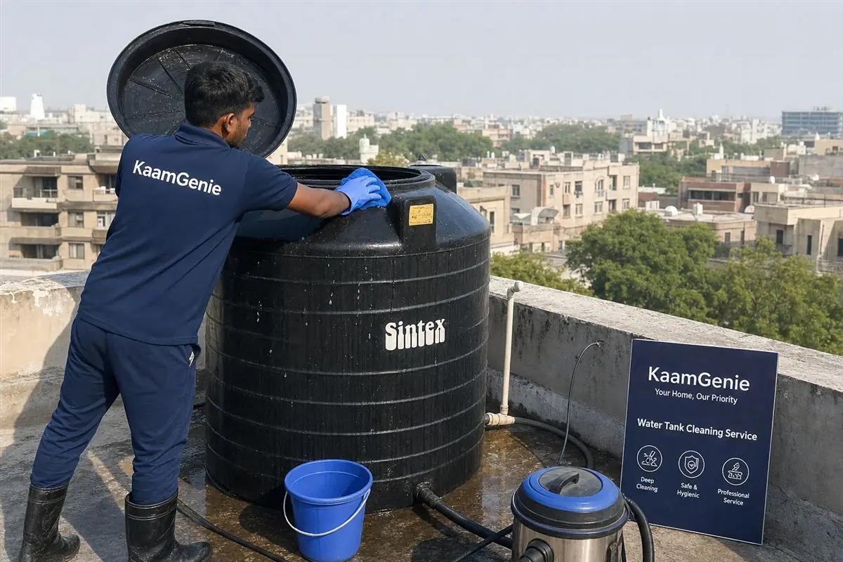 KaamGenie crew cleaning a Sintex / plastic tank in Munirka, Delhi