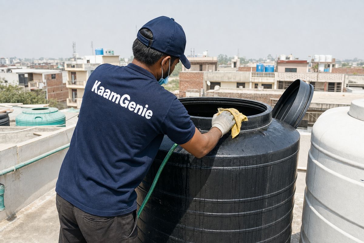 KaamGenie crew cleaning a Sintex / plastic tank in Najafgarh, Delhi