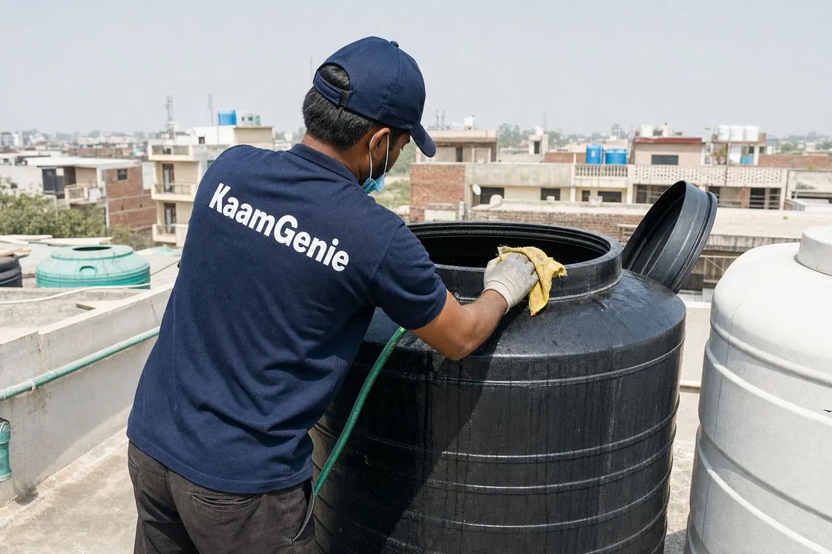 KaamGenie crew cleaning a Sintex / plastic tank in Najafgarh, Delhi