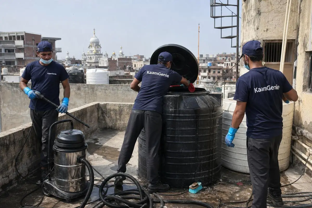 KaamGenie crew cleaning a Sintex / plastic tank in Nanakpura, Delhi