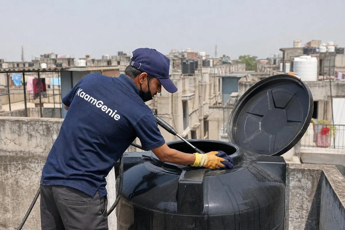 KaamGenie crew cleaning a Sintex / plastic tank in Nand Nagri (A Block), Delhi