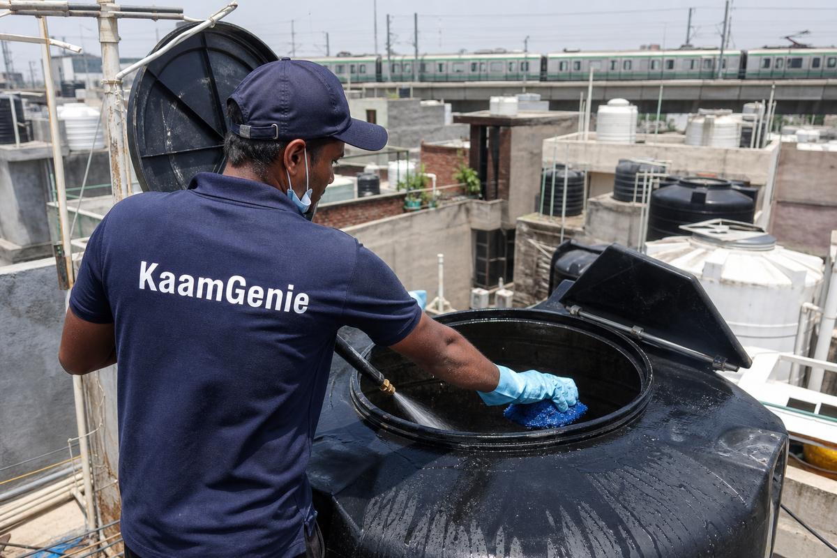 KaamGenie crew cleaning a Sintex / plastic tank in Nangloi, Delhi