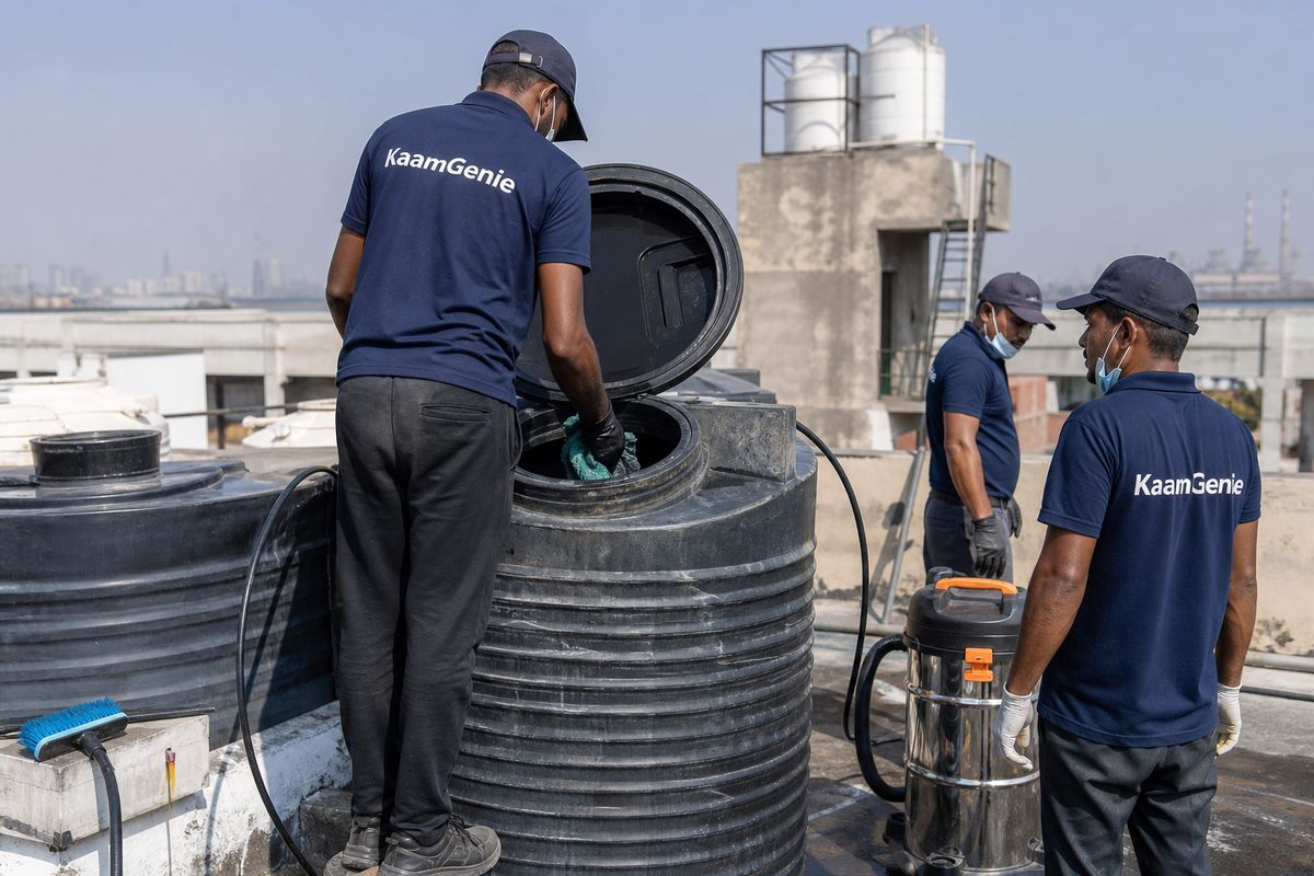 KaamGenie crew cleaning a Sintex / plastic tank in Naraina, Delhi