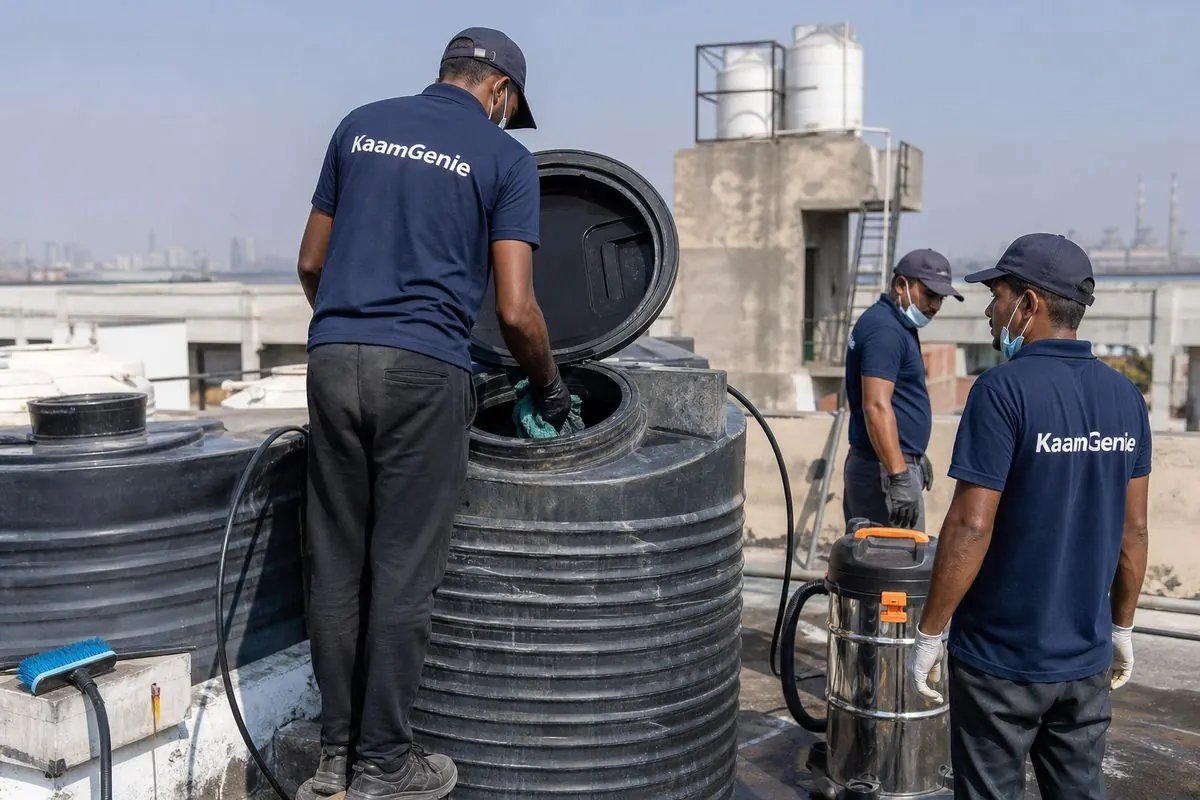 KaamGenie crew cleaning a Sintex / plastic tank in Naraina, Delhi
