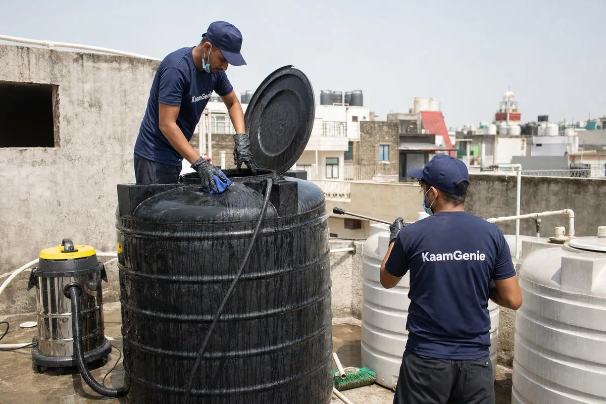 KaamGenie crew cleaning a Sintex / plastic tank in Neb Sarai, Delhi