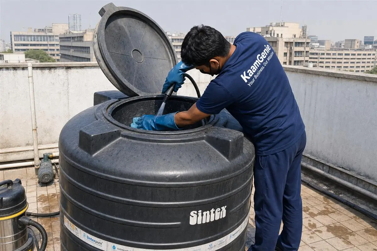 KaamGenie crew cleaning a Sintex / plastic tank in Nehru Place, Delhi