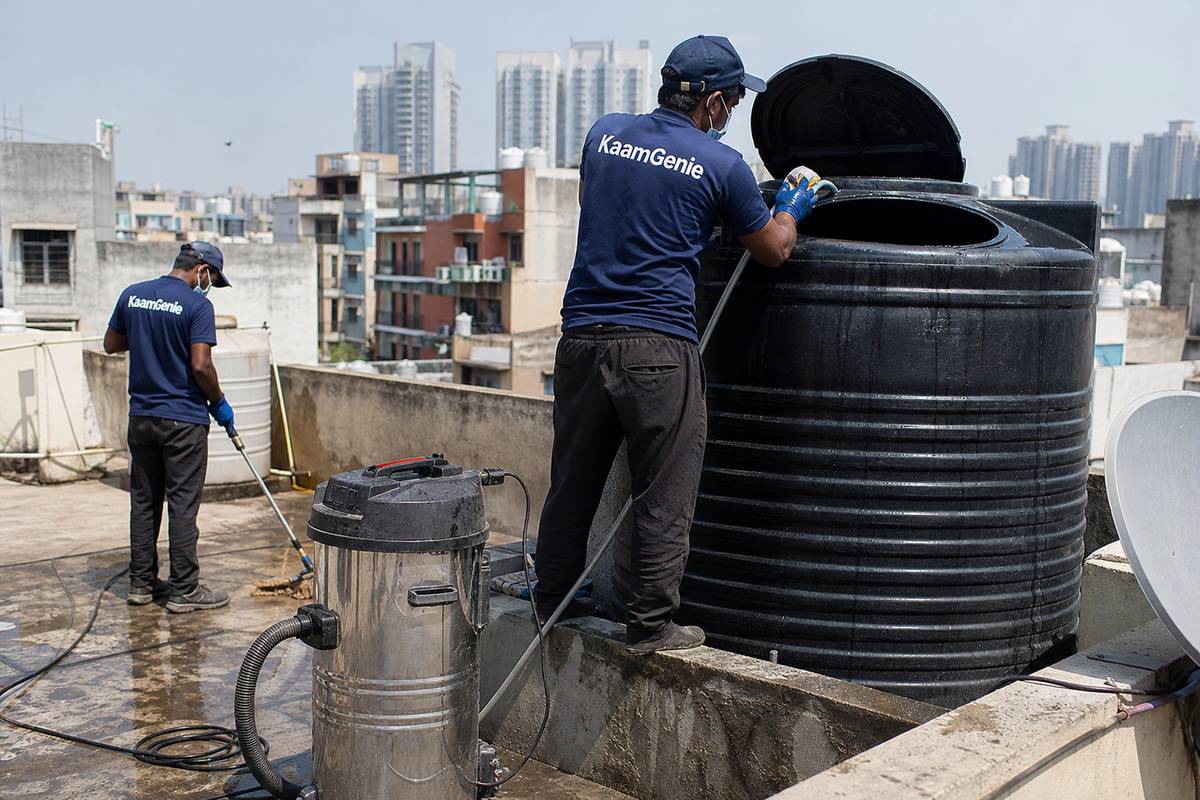 KaamGenie crew cleaning a Sintex / plastic tank in Netaji Nagar, Delhi
