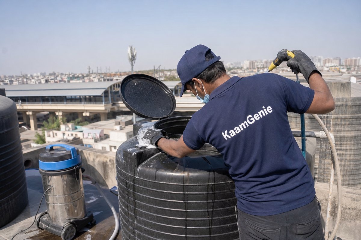 KaamGenie crew cleaning a Sintex / plastic tank in New Ashok Nagar, Delhi