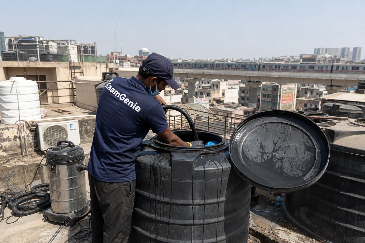 KaamGenie crew cleaning a Sintex / plastic tank in Nirman Vihar, Delhi