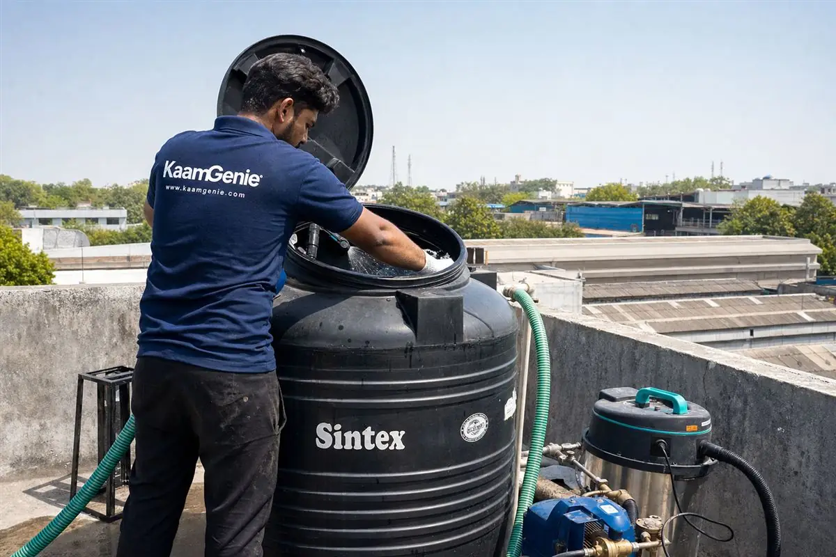 KaamGenie crew cleaning a Sintex / plastic tank in Okhla Phase 2, Delhi