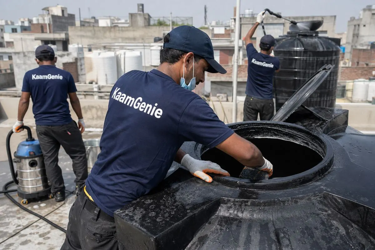 KaamGenie crew cleaning a Sintex / plastic tank in Padam Nagar (Kishan Ganj), Delhi