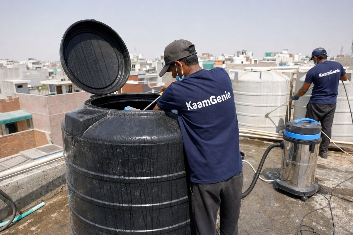 KaamGenie crew cleaning a Sintex / plastic tank in Palam, Delhi