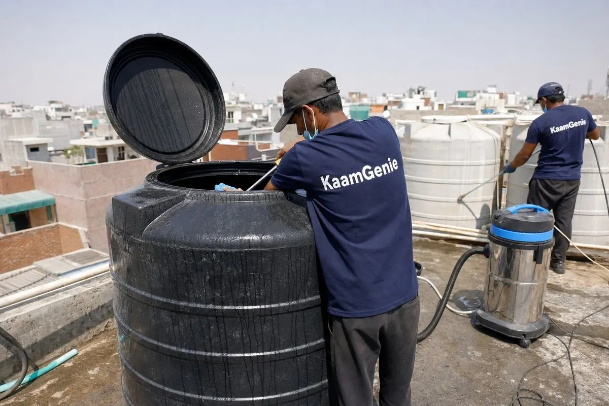 KaamGenie crew cleaning a Sintex / plastic tank in Palam, Delhi