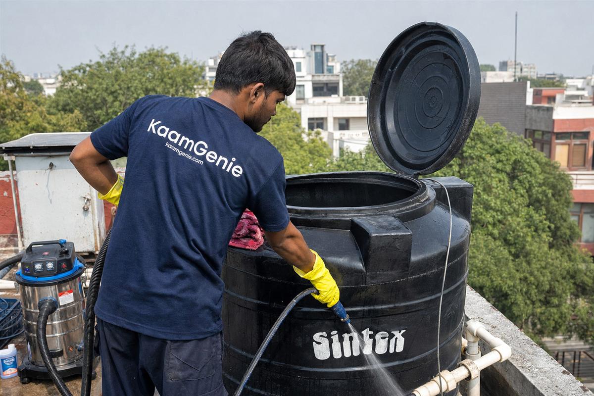KaamGenie crew cleaning a Sintex / plastic tank in Panchsheel Park, Delhi