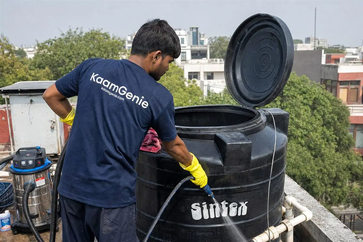 KaamGenie crew cleaning a Sintex / plastic tank in Panchsheel Park, Delhi