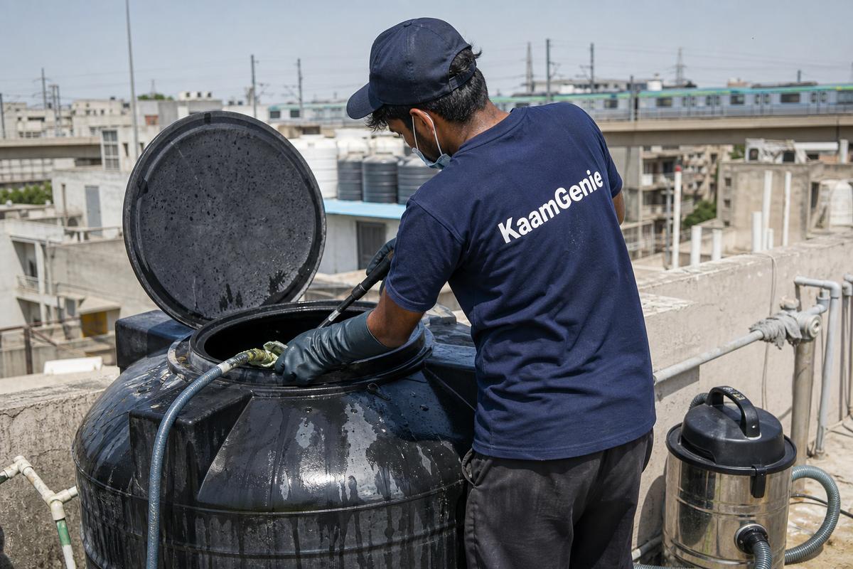 KaamGenie crew cleaning a Sintex / plastic tank in Paschim Vihar, Delhi