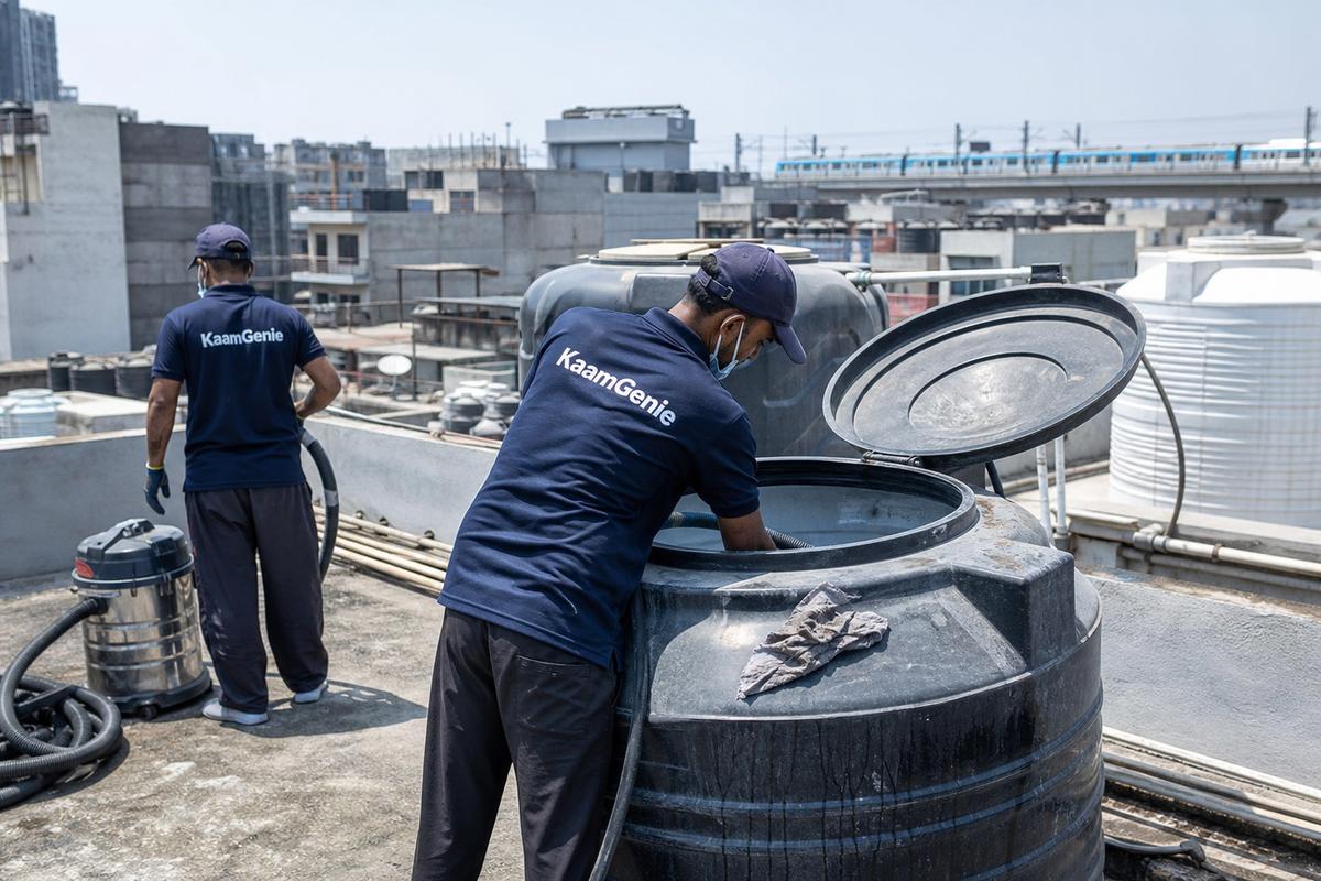 KaamGenie crew cleaning a Sintex / plastic tank in Patel Nagar, Delhi