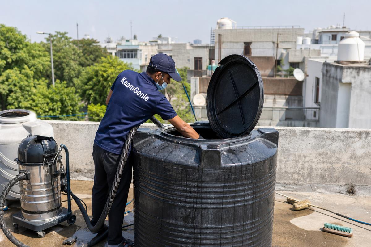 KaamGenie crew cleaning a Sintex / plastic tank in Preet Vihar, Delhi