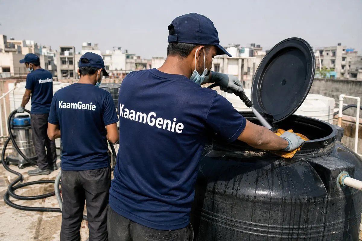 KaamGenie crew cleaning a Sintex / plastic tank in Prem Nagar (Kishan Ganj/Tri Nagar side), Delhi