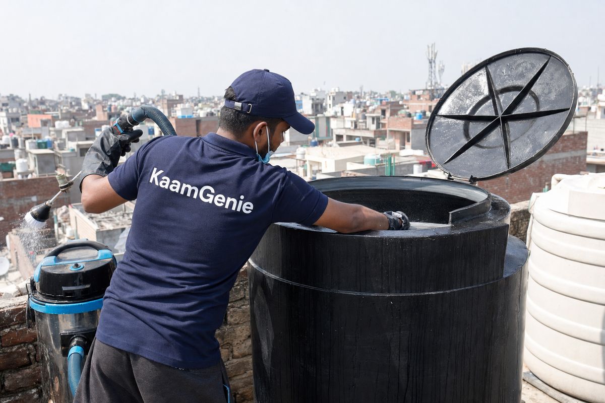 KaamGenie crew cleaning a Sintex / plastic tank in Pul Pahladpur, Delhi