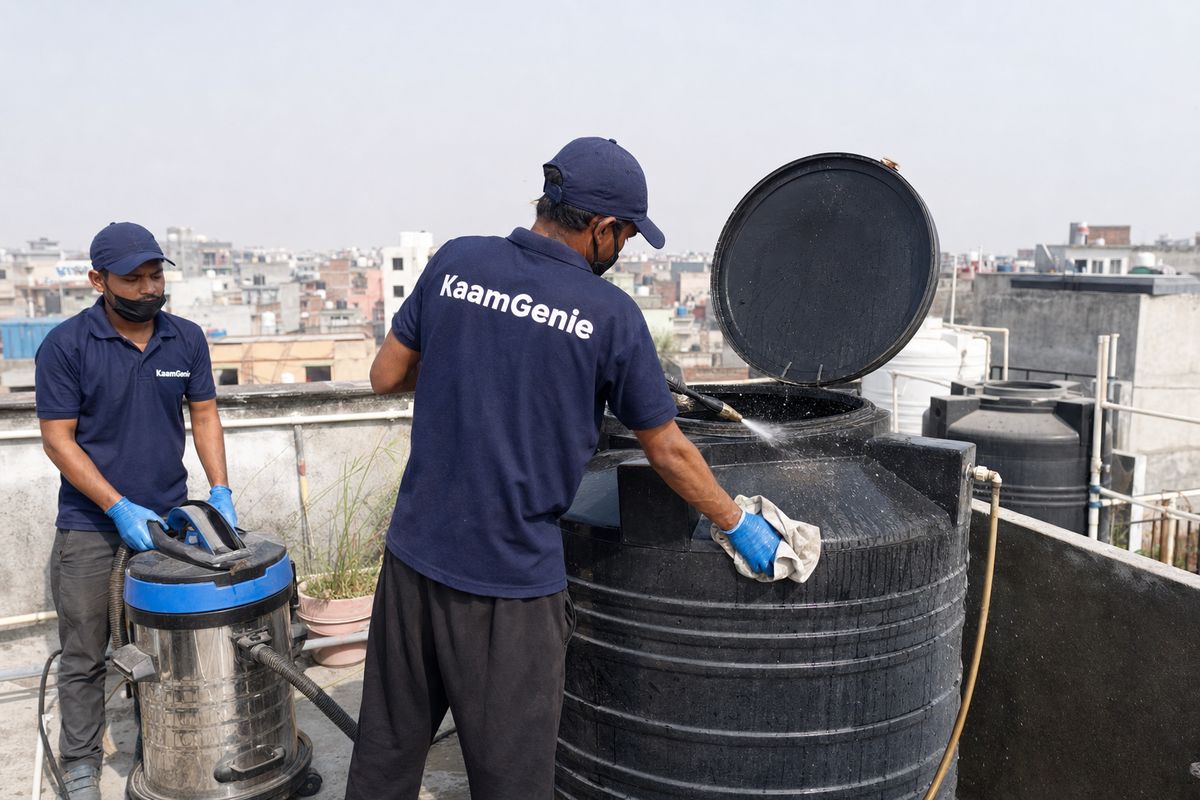 KaamGenie crew cleaning a Sintex / plastic tank in Pul Prahladpur, Delhi