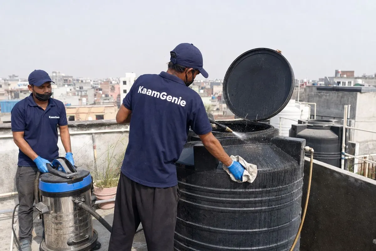 KaamGenie crew cleaning a Sintex / plastic tank in Pul Prahladpur, Delhi