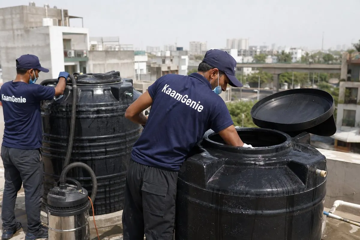 KaamGenie crew cleaning a Sintex / plastic tank in Punjabi Bagh, Delhi