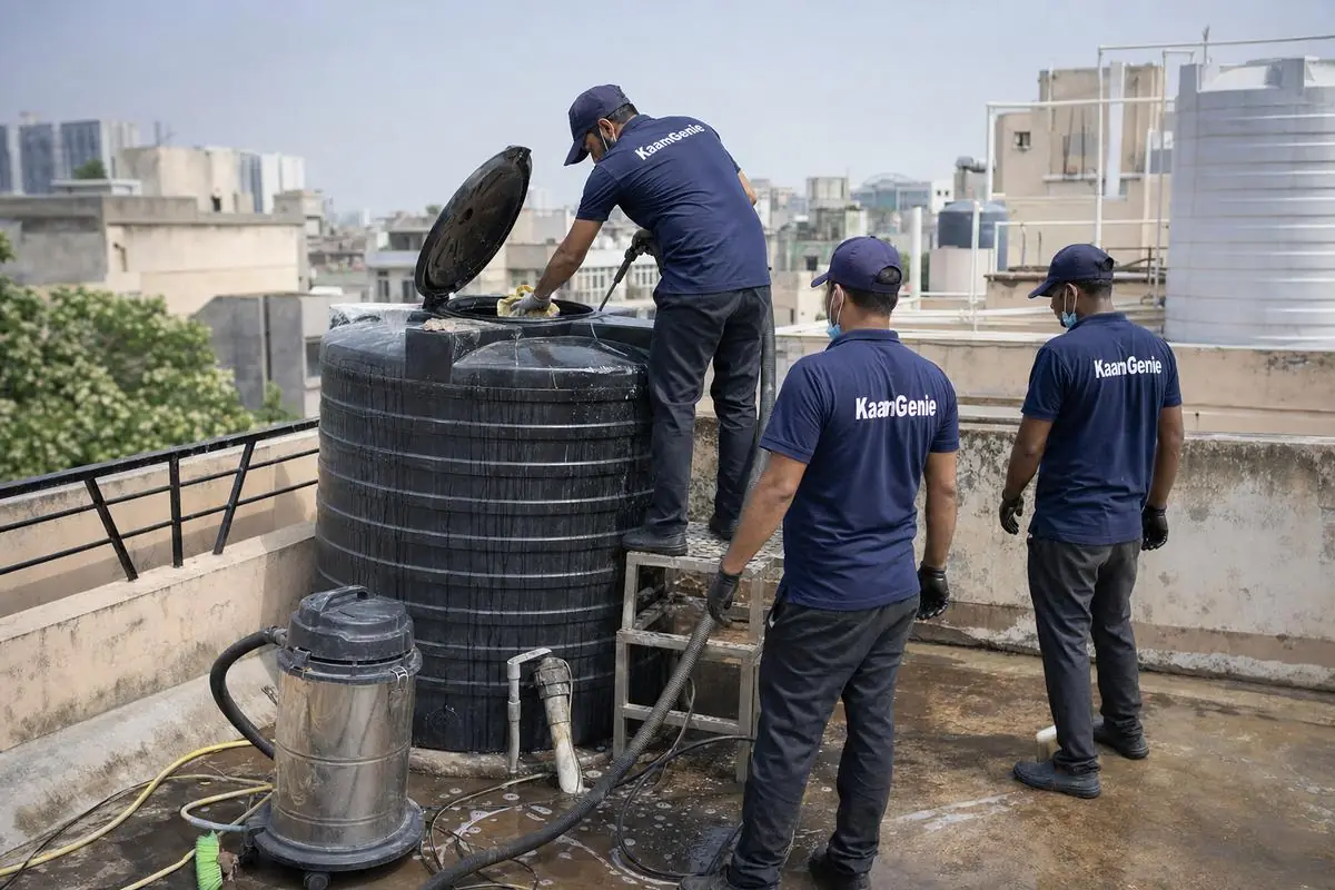 KaamGenie crew cleaning a Sintex / plastic tank in Pushp Vihar, Delhi