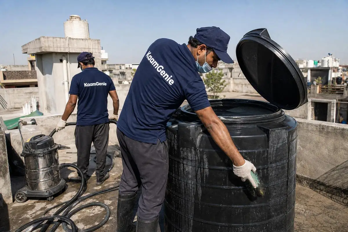 KaamGenie crew cleaning a Sintex / plastic tank in Ramprastha (Delhi side), Delhi
