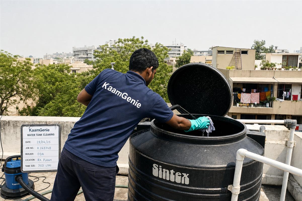 KaamGenie crew cleaning a Sintex / plastic tank in RK Puram, Delhi