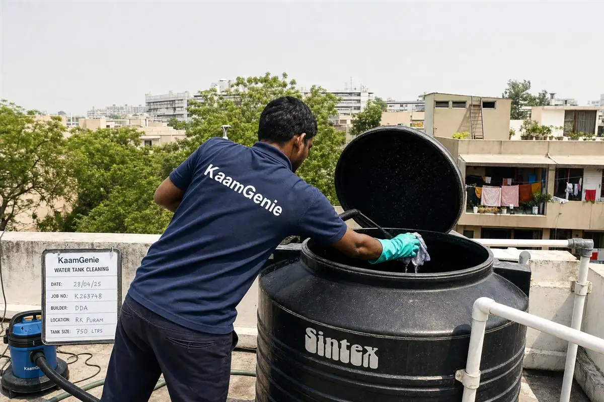 KaamGenie crew cleaning a Sintex / plastic tank in RK Puram, Delhi