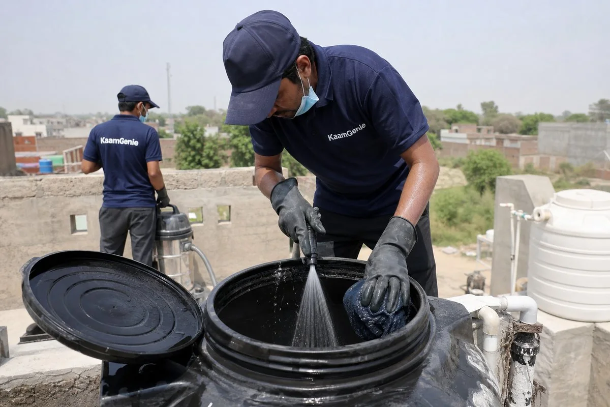 KaamGenie crew cleaning a Sintex / plastic tank in Sabhapur, Delhi