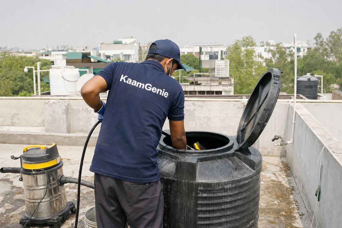 KaamGenie crew cleaning a Sintex / plastic tank in Sainik Farms, Delhi
