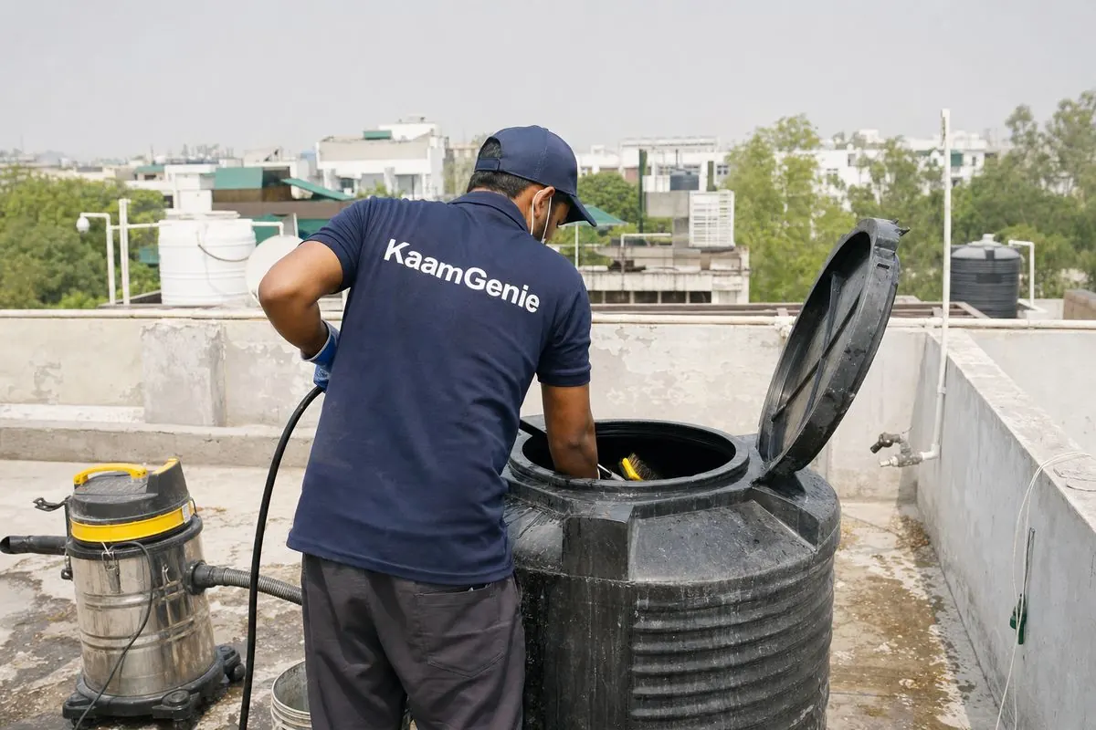 KaamGenie crew cleaning a Sintex / plastic tank in Sainik Farms, Delhi