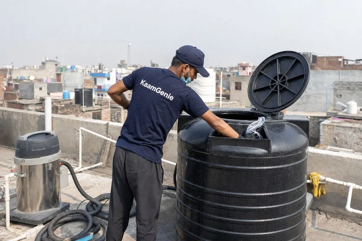 KaamGenie crew cleaning a Sintex / plastic tank in Sangam Vihar, Delhi