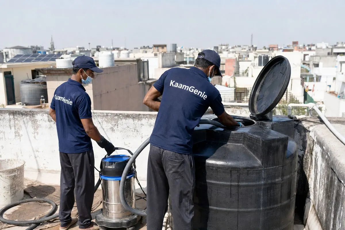 KaamGenie crew cleaning a Sintex / plastic tank in Sant Nagar, Delhi