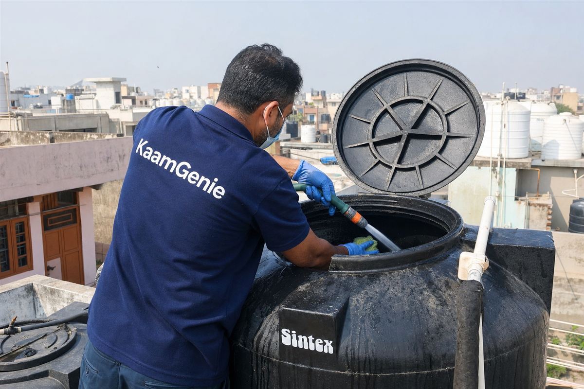 KaamGenie crew cleaning a Sintex / plastic tank in Sarita Vihar, Delhi