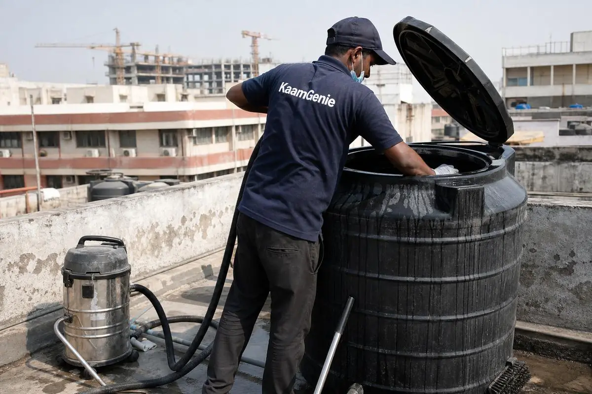 KaamGenie crew cleaning a Sintex / plastic tank in Sarojini Nagar, Delhi