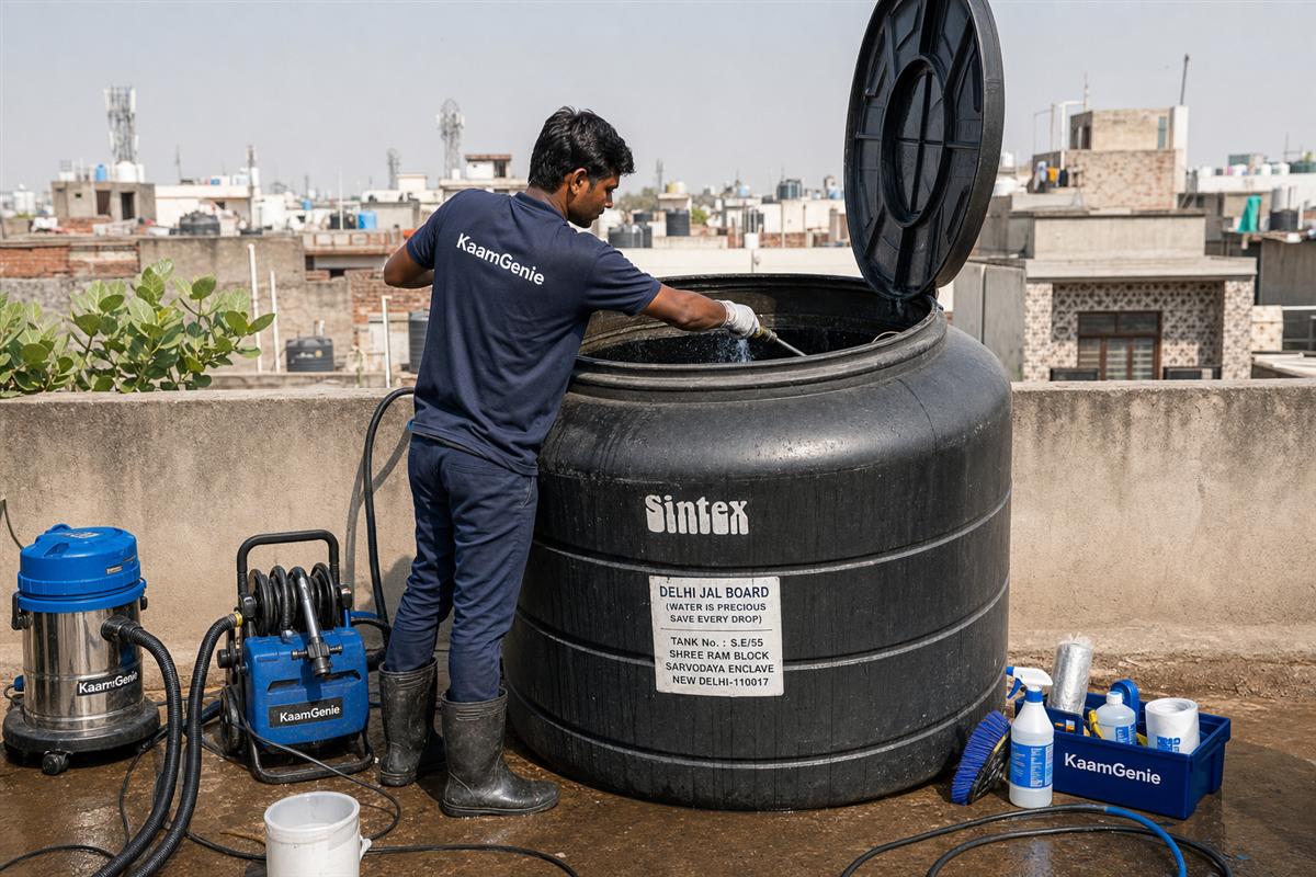 KaamGenie crew cleaning a Sintex / plastic tank in Sarvodaya Enclave, Delhi