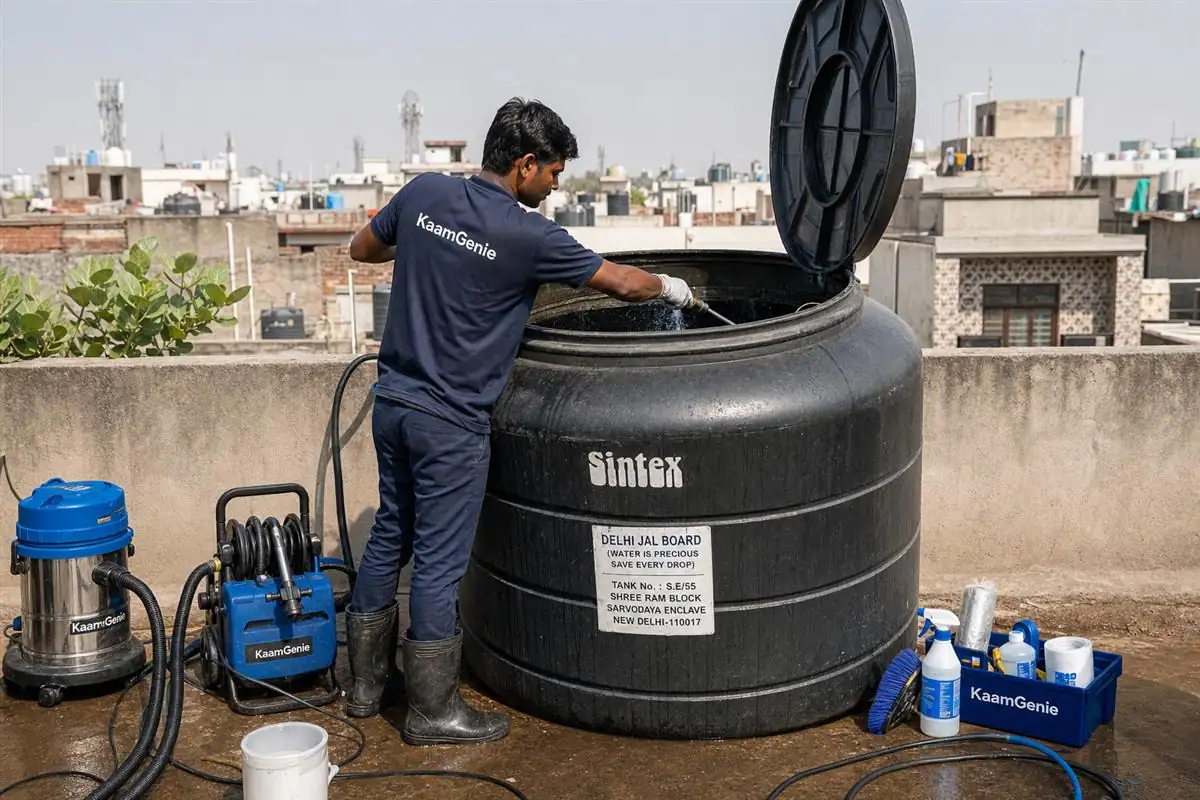 KaamGenie crew cleaning a Sintex / plastic tank in Sarvodaya Enclave, Delhi