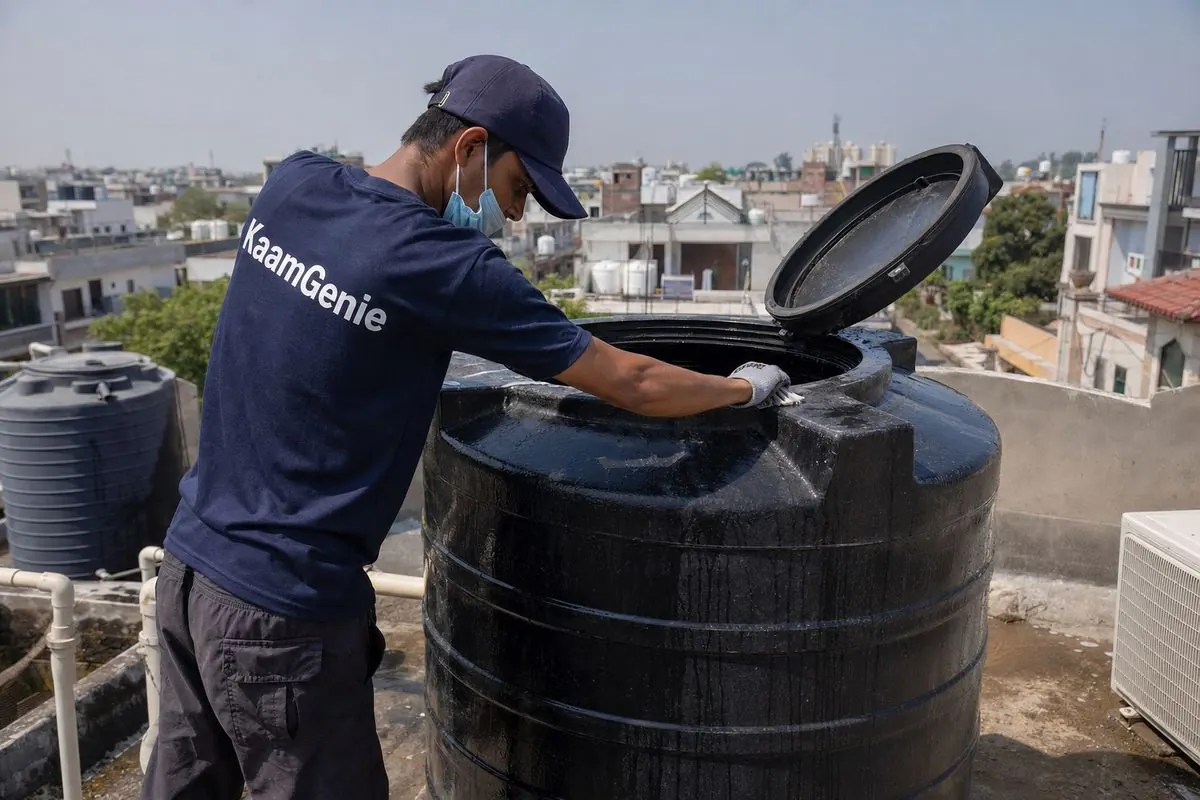 KaamGenie crew cleaning a Sintex / plastic tank in Satbari, Delhi
