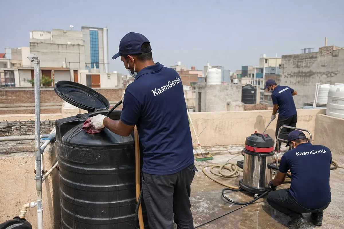 KaamGenie crew cleaning a Sintex / plastic tank in Satyawati Nagar, Delhi