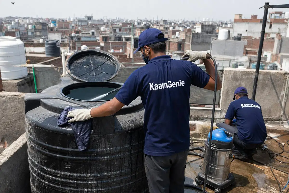 KaamGenie crew cleaning a Sintex / plastic tank in Seelampur, Delhi